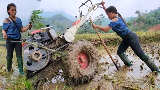 girl plowing the field with a tractor