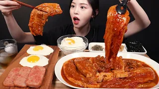 SUB)Spicy pork belly and grilled back ribs with braised kimchi and home cooked meal mukbang ASMR