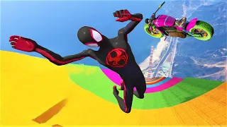 GTA 5 SPIDERMAN x MILES MORALES vs MEGA RAMP JUMP 730( Spider-Man Jumps with Cars & Bikes)