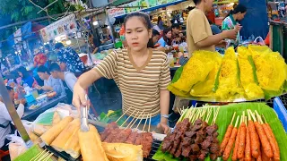 Cambodian street food at Phnom Penh | Walk exploring Delicious Yellow pancake, noodles, BBQ & more