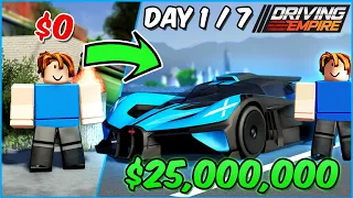 Going From Poor to BUGATTI BOLIDE in ONE WEEK (Day 1) | Roblox Driving Empire