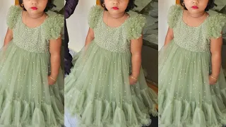DIY:Designer net baby frock cutting and stitching/party wear dress for kids/3-4 years baby frock