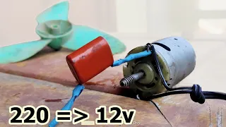How to use a capacitor to run a 12v motor with 220v power as a fan