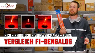 Vergleich F1-Bengalfackeln (Nico, Pyrogiochi, Vuurwerkmania, Funke)