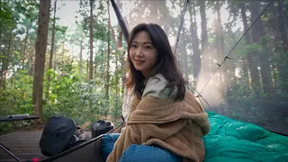 Female solo camping in the forest, true relaxation and relaxation of camping Nature ASMR