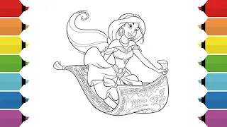 Coloring Disney Princess Jasmine riding on the Magic Carpet Coloring Pages | Aladdin