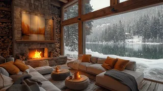 Soothing Jazz Music in A Cozy Living Room Space ❄️ Snowy Scene and Fireplace Sound for Relaxation