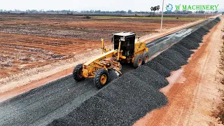 Grader Making Road By Komatsu Grader Spreading Gravel | Grader Building Village Roads Driving Skills