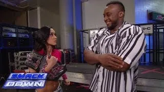 A frantic AJ Lee and her friend Big E Langston leave SmackDown in a hurry: SmackDown, July 5, 2013