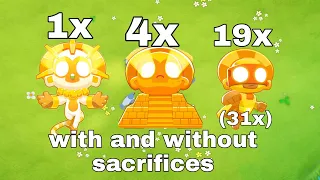 Btd6 1 tsg vs. 4 sun temples vs. 19 sun avatars (with and without sacrifices)