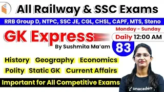 12:00 AM - All Railway & SSC Exams | GK by Sushmita Ma'am | Important GK Questions (Day-83)