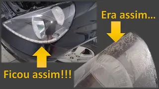 Como recuperar lente farol Honda Fit trincado descamando opaco - processo, antes e depois