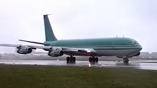 departure in horrible conditions of rain, Boeing 707  9G-ADS , Ostend Airport