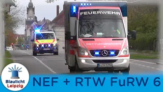 Rettungswagen (RTW) Feuerwache 6 (West) + Notarzteinsatzfahrzeug (NEF) ASB Leipzig auf Einsatzfahrt