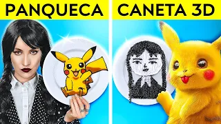 DESAFIO: CANETA 3D x ARTE EM PANQUECAS || Wandinha Addams vs. Pokémon! Quem é o Melhor, por 123 GO!