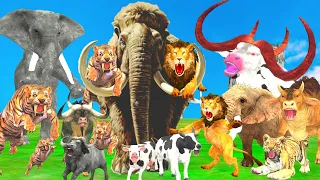 10 Mammoth Elephant Vs 10 Giant Tiger Attack Cow Buffalo Lion Chase Tiger Cub Save By Woolly Mammoth