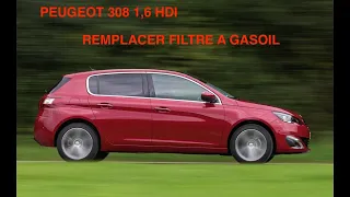 Peugeot 308 phase 2 1,6 Blue HDI, remplacement filtre à gasoil, fuel filter replacement