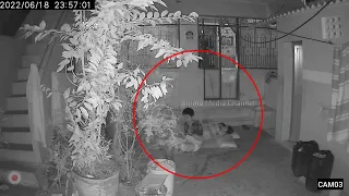 A strange scary figure is recorded on the CCTV footage scaring people sleeping outside the house