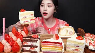 SUB)Strawberry dessert special!🍓 Strawberry cake, chocolate cake, cream waffle Mukbang Asmr