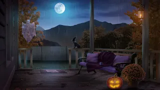 Cozy Autumn Halloween Porch at Night With Rain And Soothing Thunder to Ease Your Nerves/Relax You