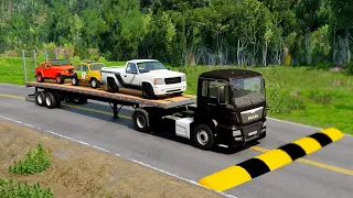 Double Flatbed Trailer Truck vs speed bumps|Busses vs speed bumps|Beamng Drive|86