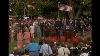 Cuts of Arrival Ceremony for Prime Minister Gandhi of India on June 12, 1985