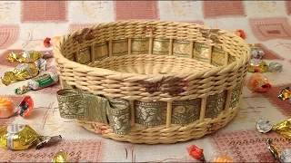 #10 DIY Newspaper Basket with ribbon decoration. Full weaving tutorial. ENGLISH SUBTITLES.