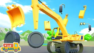 Construction Vehicles Assembly Show- -assemble Tractor and asphalt paver for kids