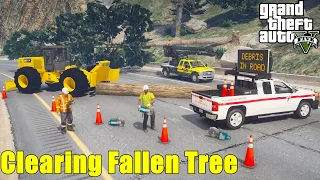 GTA 5 Mods Construction Company Using Chainsaws & Logging Skidder To Remove Fallen Tree From Highway