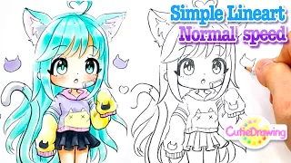 Let's draw Lineart with me! (Normal speed ) How to draw a Cat girl with a hoodie/Gachalife/Easy