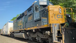 Very large CSX M436 with SD40-2 #8181 trailing and a roaring DPU #3131