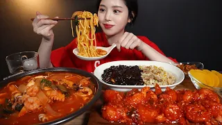 SUB)Seafood Jjampong, Chili Shrimp, and Pork Fried Rice Mukbang ASMR Korean Eating Sound