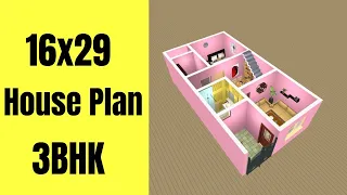 16x29 House Design 3BHK || 3 Bedrooms House Plan || 50 Gaj House Design || 3D House Model