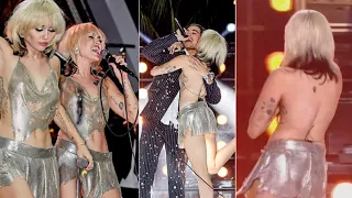 New Year's Eve party in Miami, Miley Cyrus' Silver Top Breaks and Pete Davidson  exposing her chest.