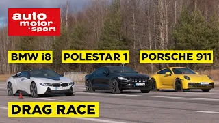 Drag Race: Polestar 1 vs Porsche 911 Carrera vs BMW i8 (ENG SUB)