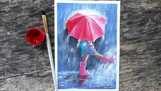 "Под дождем" рисуем гуашью по шагам/ Живопись для начинающих/desenhe uma chuva de guache