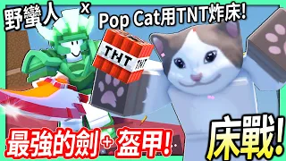 ROBLOX / 我用野蠻人升級到最強的劍+綠寶石盔甲！超猛Pop Cat用TNT炸開敵人床的防禦！【床戰 BedWars - 有感筆電】