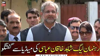 PML-N leader Shahid Khaqan Abbasi talks to media