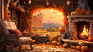 Leaves Falling Day in Cozy Autumn Cabin Ambience with Fireplace Sound and Rustling Leaves Falling