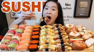 YUMMY SUSHI FEAST!! Salmon & Tuna Nigiri, Sushi Rolls | Japanese Food Mukbang w/ Asmr Eating Sounds