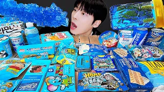 ASMR MUKBANG | BLUE FOOD HONEY JELLY CANDY Desserts (Noodles Jelly, chocolate) Convenience store