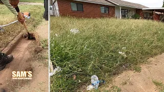 Satisfying transformation for this overgrown lawn full of trash | Mowing close to busy street & Apts