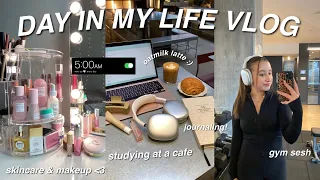 DAY IN MY LIFE VLOG (skincare & makeup, studying at a cafe, gym routine)