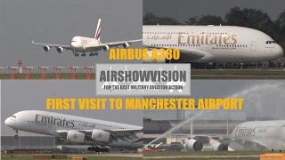 EMIRATES A380 - MANCHESTER AIRPORT: FIRST LANDING / TAKE OFF (airshowvision)