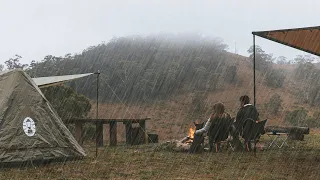 Camping in the RAIN with our dog [ Nature ASMR, Mountain views, Couple camping, Gloomy weather ]