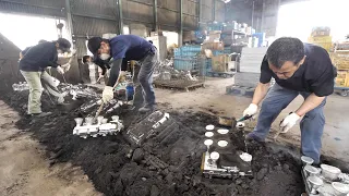 Aluminum component manufacturing process for agricultural equipment. Old aluminum foundry in Japan.