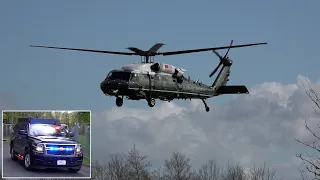 Marine One departing hospital with President Biden and fleet of helicopters