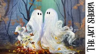 Cute Ghosts Hugging in Autumn forest 🌟🎨 How to paint acrylics for beginners: Paint Night at Home