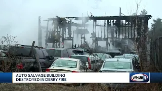 Blaze destroys auto salvage building in Derry