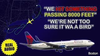 Airplane hits something at 8000 feet over Boston. Delta Boeing 737 diverts to New York. Real ATC